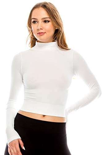 Kurve Womens Basic Crop Top  Mock Neck Long Sleeve Ribbed Stretch Slim Fitted Turtleneck Cropped T Shirt LS037L White M L