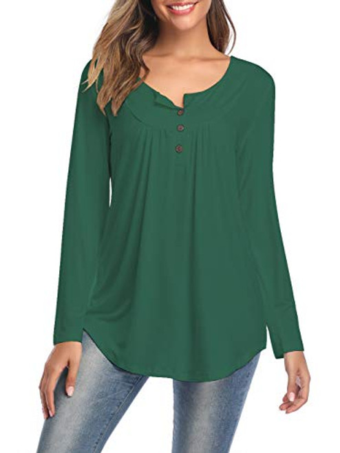 Nuofengkudu Womens Casual Long Sleeve Tunic Tops Henley V Neck Loose Pleated Shirt Blouse Green XXL