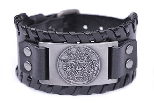 Pagan Viking Tetragrammaton Pentacle Symbol Talisman for Love Braided Wide Leather Wristband Bracelet Antique SilverBlack Pagan Viking Tetragrammaton Pentacle Symbol Talisman for Love Braided Wide Leather Wristband Bracelet Antique SilverBlack