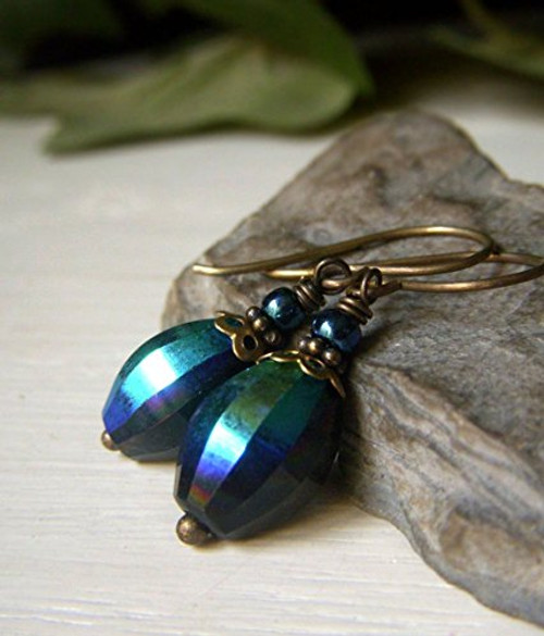 Black Aurora Borealis Crystal Earrings - Short Czech Bead Brass Dangle - Iridescent Vintage Style Black Aurora Borealis Crystal Earrings - Short Czech Bead Brass Dangle - Iridescent Vintage Style