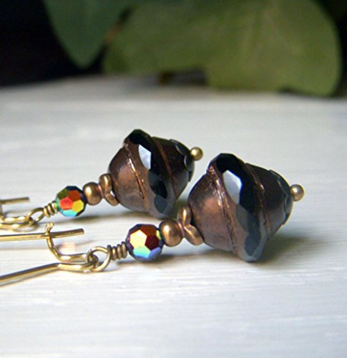 Black and Bronze Glass Earrings - Czech Bead Brass Dangle - Vintage Inspired Bohemian Style - Saturn Cut - Swarovski Crystal Black and Bronze Glass Earrings - Czech Bead Brass Dangle - Vintage Inspired Bohemian Style - Saturn Cut - Swarovski Crystal