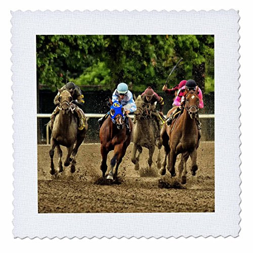 3dRose qs_98372_6 Horses and Jockeys Racing to Finish Line Mud Flying-Quilt Square 16 by 16-Inch