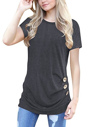 Unidear Womens Casual Short Sleeve Round Neck Loose Tunic Top Button Blouse T-Shirt Dark Gray XXL