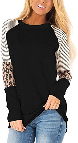 TODOLOR Womens Long Sleeve Leopard Print Color Block Tunic Round Neck Striped Shirts Casual Blouses Tops  XLBlack