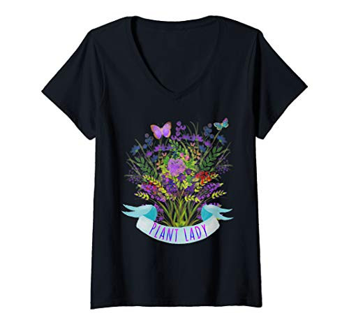 Womens Plant Lady Shirt Gardening Gift Garden Watercolor Flowers V-Neck T-Shirt