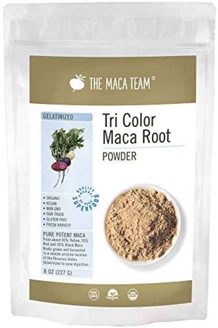 The Maca Team Tri-Color Organic Gelatinized Maca Root Powder Vegan GMO-Free and Fair Trade 8 oz 25 Servings The Maca Team Tri-Color Organic Gelatinized Maca Root Powder Vegan GMO-Free and Fair Trade 8 oz 25 Servings