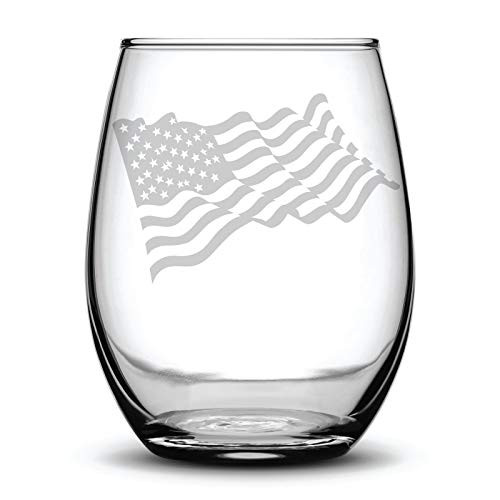 American Flag Etched Wine Glass Stemless Gift Laser Etched - 15 oz