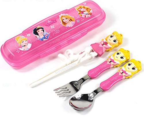 Disney Princess Aurora Fork Spoon Training Chopsticks Flatware Utensil Cutlery Dinnerware Tableware Set with Case 4 pieces