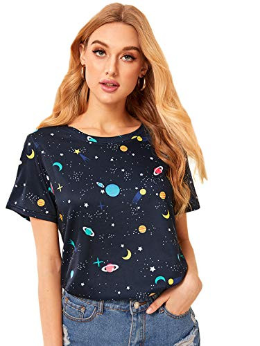 Romwe Womens Casual Galaxy Print Top Short Sleeve Summer Basic T-Shirt Tee Navy Large