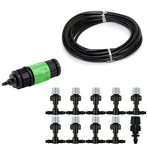 Home Garden Patio Water and Mist Irrigation System Misting Micro Flow Drip Irrigation Misting Cooling System Tubing Watering Drip Kit with Mist Nozzle Sprinkler for Landscape Flower Patio Plants 10m