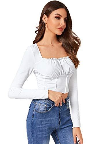Floerns Womens Square Neck Long Sleeve Ruched Bust Crop Top White M
