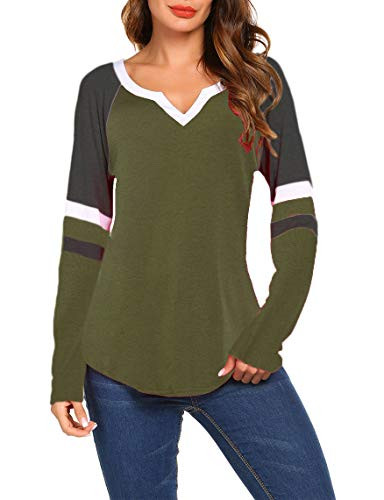 Sweetnight Womens Raglan Long Sleeve Shirts Henley V Neck Color Block Tunic Tops Army Green Large