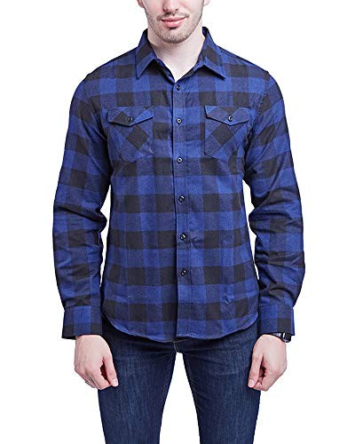 YEAQING Mens Flannel Plaid Shirt Casual Regular Fit Button Down Long Sleeve Shirt  Blue-Black XL