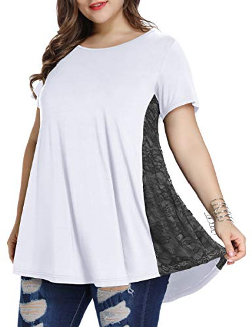 LARACE Women Lace Tunic Top Short Sleeve Flare T Shirt for Leggings 3XWhite LARACE Women Lace Tunic Top Short Sleeve Flare T Shirt for Leggings 3XWhite