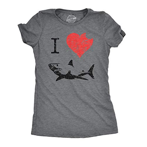 Womens I Love Sharks T Shirt Shark Bite Shirt Vintage Graphic Tee for Ladies  Dark Heather Grey  - 3XL