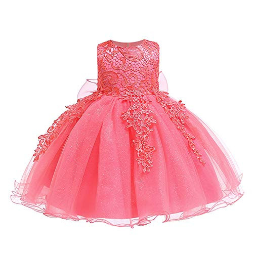 LZH Baby Girls Formal Dress Bowknot Birthday Wedding Party Flower Lace Dress 5801-Watermelon24M