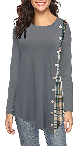 FANEW Womens Scoop Neck Long Sleeve Button Side Patchwork Blouses T-Shirt Tunic Top