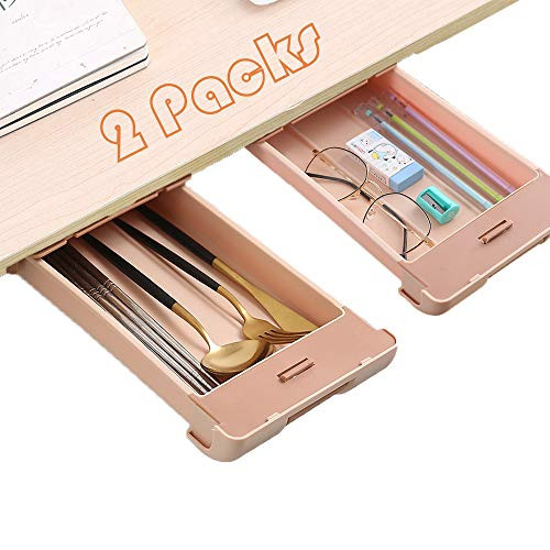 Desk Pencil Drawer Organizer Under Desk Storage 2 Pieces Self Adhesive Hidden Slide Out Under Desk Drawers Tray Space Saving for Office School Home Desk