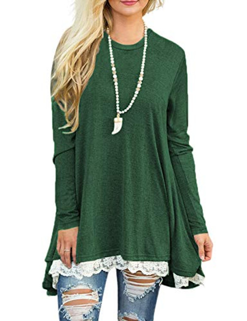 Womens Irregular Lace Hem Long Sleeve Loose Tunic Tops Flowy Blouses Shirt Green S Womens Irregular Lace Hem Long Sleeve Loose Tunic Tops Flowy Blouses Shirt Green S