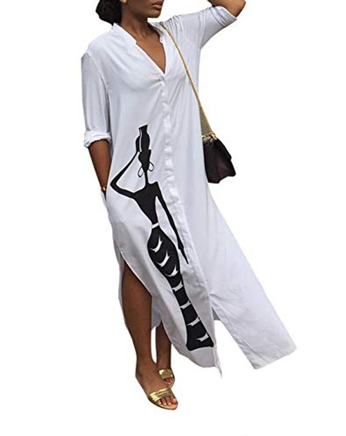 Ophestin Womens Casual Graphic Print Long Sleeve Collar Button Down Loose Boyfriend Pockets Slit Blouse Shirt Long Maxi Dress White XXXL Ophestin Womens Casual Graphic Print Long Sleeve Collar Button Down Loose Boyfriend Pockets Slit Blouse Shirt Long Maxi Dress White XXXL
