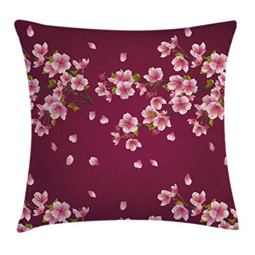 Ambesonne Maroon Throw Pillow Cushion Cover Japanese Sakura Tree Branches in Full Blossom Scattered Petals Spring Decorative Square Accent Pillow Case 18 inch  X 18 inch  Maroon Green