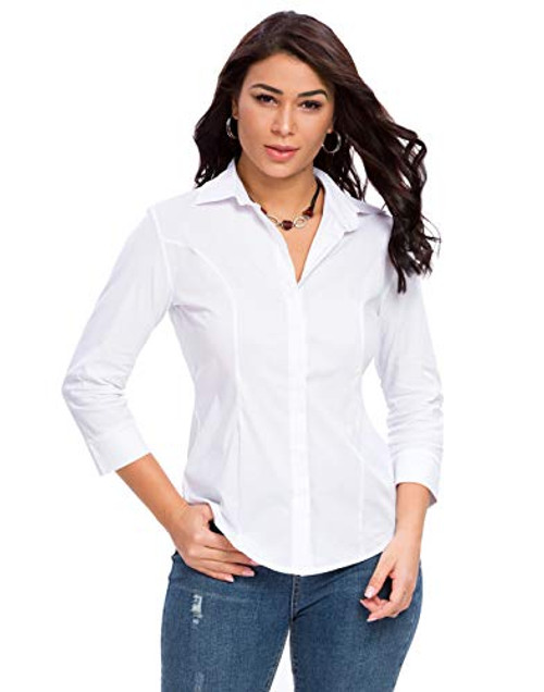 Riatobe Womens Button Down Shirts Basic Official Formal 3 4 Sleeve Blouse Tops White