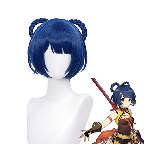 SL Navy Blue Cosplay Wig with Bangs for Xiangling Genshin Impact Anime Cosplay Bob Hair Wigs with 2 Braided Rings plus Cap SL Navy Blue Cosplay Wig with Bangs for Xiangling Genshin Impact Anime Cosplay Bob Hair Wigs with 2 Braided Rings plus Cap