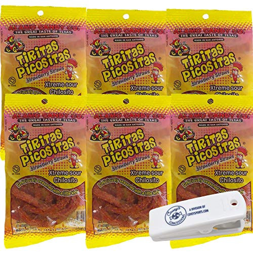 Alamo Candy Tiritas Picositas Sour Straws Strawberry flavored - 6-Pack 1.5 oz Bag - Bundled with Coveys Concessions Bag Clip Alamo Candy Tiritas Picositas Sour Straws Strawberry flavored - 6-Pack 1.5 oz Bag - Bundled with Coveys Concessions Bag Clip