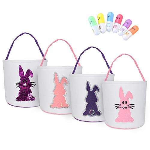 Easter Bunny Bags Easter Gift Bag with a Set of 6 Colors Markers Pens Easter Bunny Ear Basket Jute Cotton Cloth Tote Bag for Eggs Hunting  4 Pack A