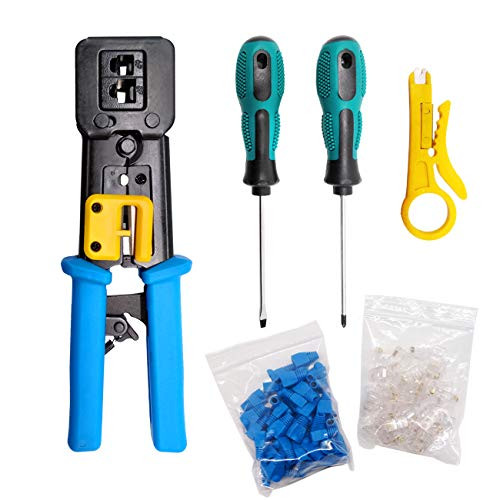 Necygoo Network Cable Crimping Tool RJ45 RJ11 RJ12 Crimper Stripper Cutter with 50PCS Cat5 Connectors Screwdriver Cat5 Cat6 Crimper Kit