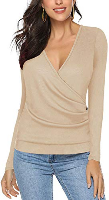 Womens Waffle Knit Buttons Wrap V Neck Long Sleeve Casual Tunic Blouse Top Shirts  Light Apricot XL