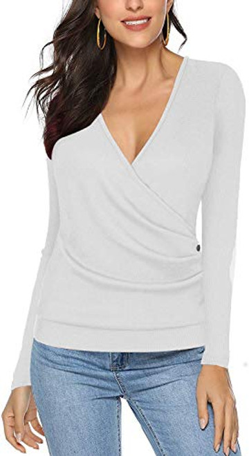 Womens Waffle Knit Buttons Wrap V Neck Long Sleeve Casual Tunic Blouse Top Shirts White S Womens Waffle Knit Buttons Wrap V Neck Long Sleeve Casual Tunic Blouse Top Shirts White S