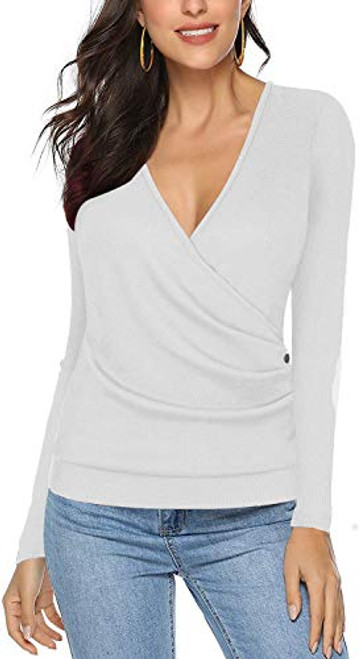 Womens Waffle Knit Buttons Wrap V Neck Long Sleeve Casual Tunic Blouse Top Shirts  White S