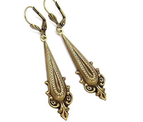 Art Deco Nouveau Design Chandelier Earrings Antiqued Gold-tone Wedding Gift Prom Art Deco Nouveau Design Chandelier Earrings Antiqued Gold-tone Wedding Gift Prom