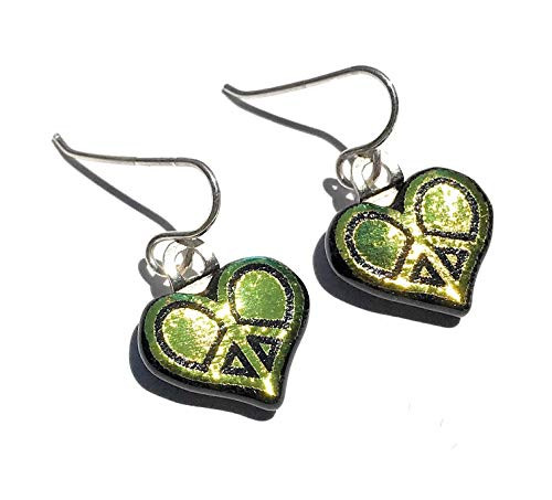 Yellow Orange Peace Sign Heart Laser Engraved Etched Dichroic Fused Glass Earrings w Solid Sterling Silver Ear Wires- handmade gift present Mothers Day Christmas birthday anniversary wedding
