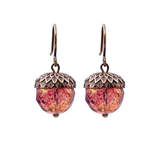 Pink Czech Glass Acorn Earrings with Antiqued Brass Vintage Style Caps Pink Czech Glass Acorn Earrings with Antiqued Brass Vintage Style Caps