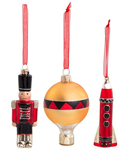FAO Schwarz 3-Piece Holiday Ornament Set: Nutcracker, Hot Air Balloon and Rocket Ship