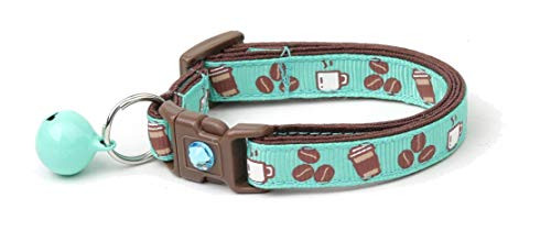 Pugs2Persians Coffee on Aqua Cat Collar - Safety - Breakaway - Charm and Bell Pugs2Persians Coffee on Aqua Cat Collar - Safety - Breakaway - Charm and Bell