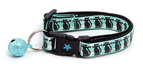 Pugs2Persians Glitter Black Cats on Aqua Cat Collar - Safety - Breakaway - Charm and Bell Pugs2Persians Glitter Black Cats on Aqua Cat Collar - Safety - Breakaway - Charm and Bell