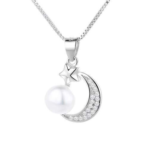Sterling Silver Moon Star Freshwater Pearl Micro-Pave Pendant Necklace by GuruShop