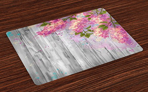 Lunarable Flower Place Mats Set of 4, Floral Watercolor Style Effect Branches of Lilac Bloom on Wood Print Background, Washable Fabric Placemats for Dining Room Kitchen Table Decor, Grey and Pink