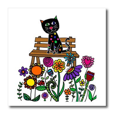 3dRose Funny Black Kitty Cat on Flower Garden Bench Nature. - Iron on Heat Transfers  ht_338249_1