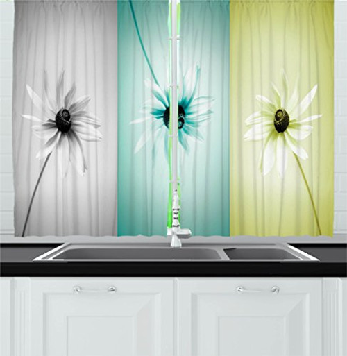 Ambesonne Abstract Kitchen Curtains, Daisy Flowers in Different Featured Framed Saturated Artsy Image, Window Drapes 2 Panels Set for Kitchen Cafe, 55 W X 39 L Inches, Turquoise Grey Avocado Green Ambesonne Abstract Kitchen Curtains, Daisy Flowers in Different Featured Framed Saturated Artsy Image, Window Drapes 2 Panels Set for Kitchen Cafe, 55 W X 39 L Inches, Turquoise Grey Avocado Green