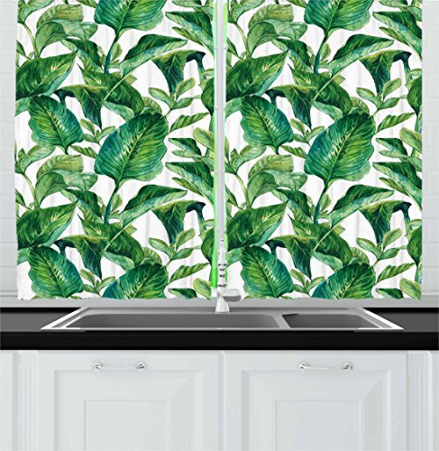 Ambesonne Leaf Kitchen Curtains, Romantic Holiday Island Hawaiian Banana Trees Watercolored Image, Window Drapes 2 Panel Set for Kitchen Cafe, 55 W X 39 L Inches, Dark Green and Forest Green