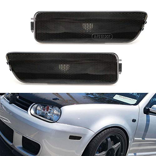 iJDMTOY Euro Smoked Lens Front Bumper Side Marker Lamps Housings Compatible With 1999-2005 Volkswagen MK4 Golf GTI R32 Rabbit Jetta Replace OEM Amber Sidemarker Lamps
