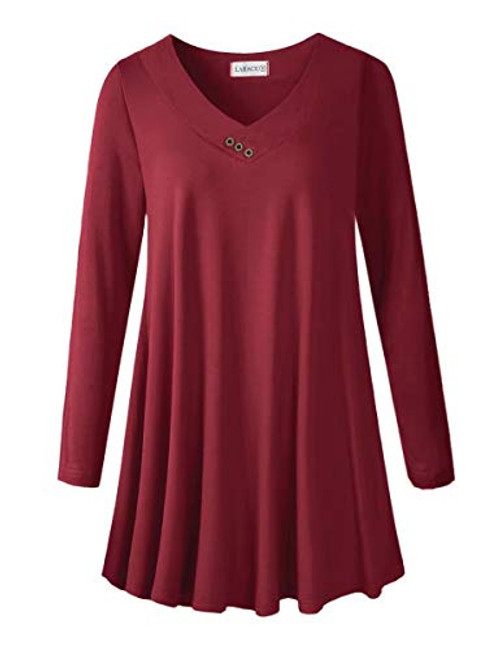 LARACE Women Plus Size Tunic Tops Long Sleeve V Neck Blouse Loose Swing Basic Flowy T Shirt for Leggings A-Leopard08 6X Wine Red