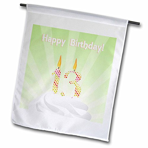 3dRose Beverly Turner Birthday Design - Number 13 Candle with Colorful Dots on Top of Whipped Icing Happy Birthday - 12 x 18 inch Garden Flag  fl_179348_1