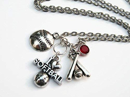 I Love Softball Necklace Personalized Birthstone Jewelry Sports Athletic Gift Handmade in USA