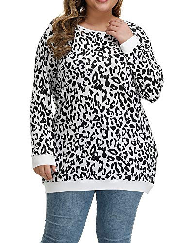 Allegrace Womens Plus Size Tunic Tops Soft Lightweight Knit Long Sleeve Shirts Leopard Print Loose Tunics P100-Leopard Print White  and  Black 26W