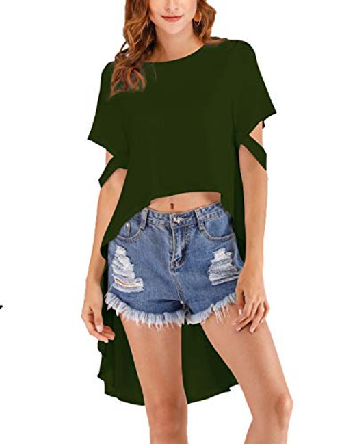 Haola Womens High Low Tops Casual Loose Short Sleeve Irregular Hem T Shirt Blouse ArmyGreen L